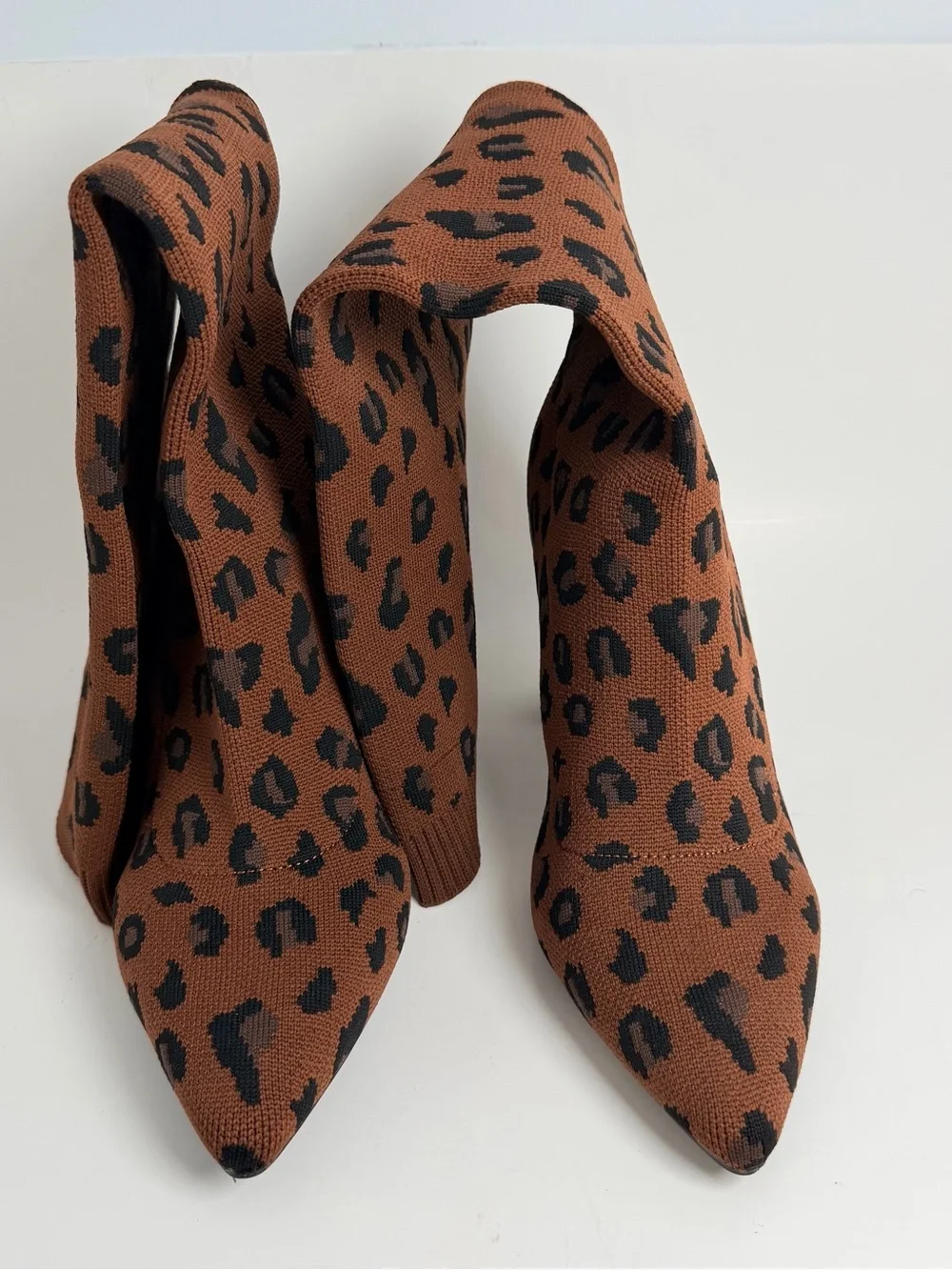 Leopard Knit Sock Ankle Boots - Brown